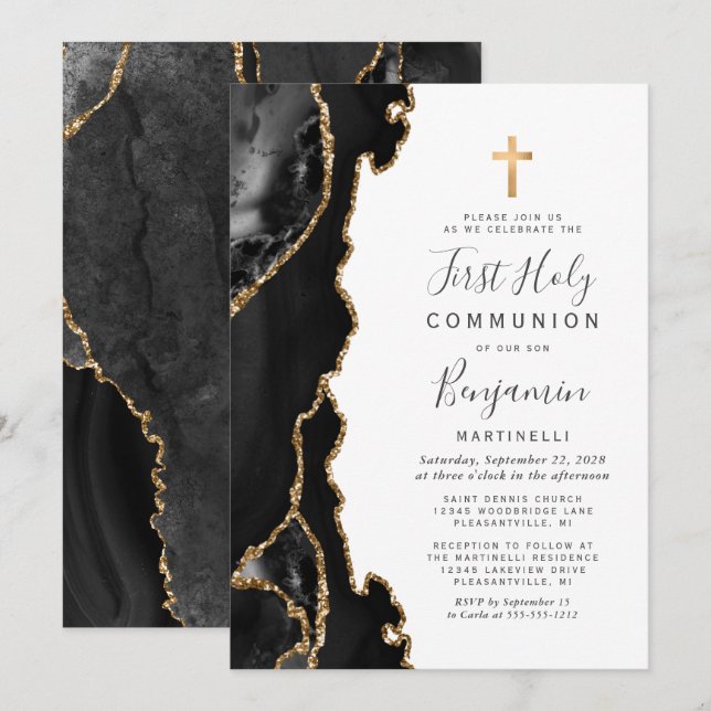  Black Agate Gold Glitter First Holy Communion Invitation (Front/Back)