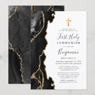 Black Agate Gold Glitter First Holy Communion Invitation
