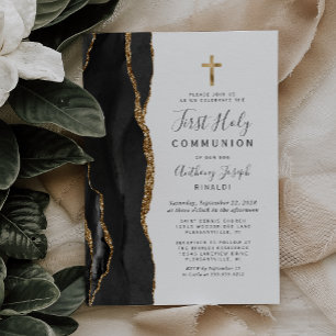 Black Agate Gold Glitter First Holy Communion Invitation