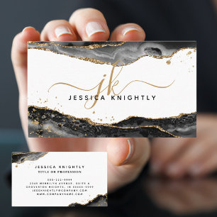 Black Agate Gold Glitter Monogram Script Business Card