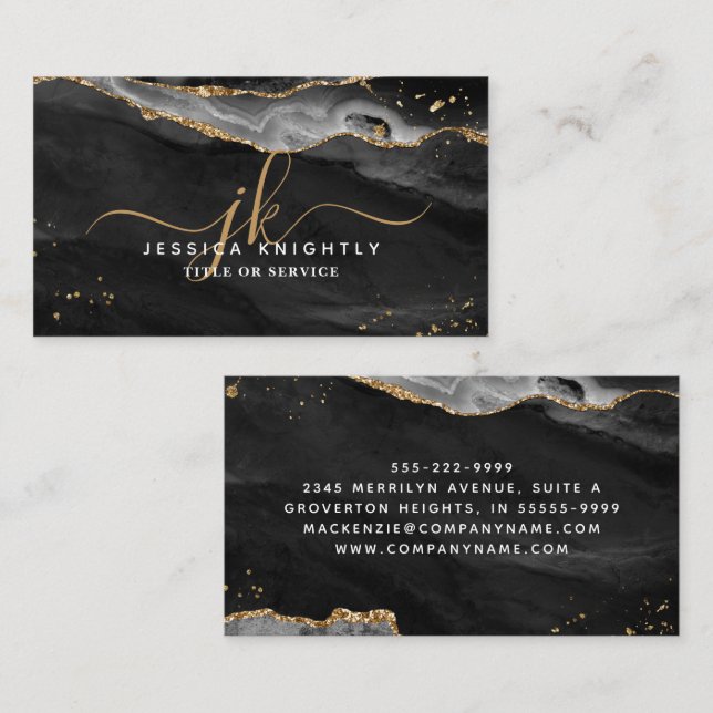 Black Agate Gold Glitter Script Monogram Business Card (Front/Back)