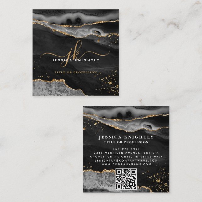 Black Agate Gold Glitter Script Monogram QR Square Business Card (Front/Back)