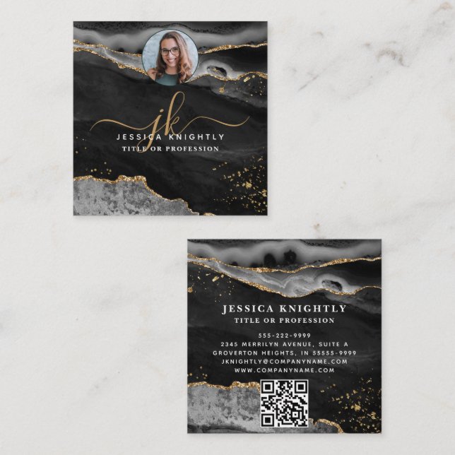 Black Agate Gold Glitter Script Photo QR Square Business Card (Front/Back)
