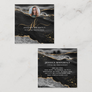 Black Agate Gold Glitter Script Photo Square Business Card