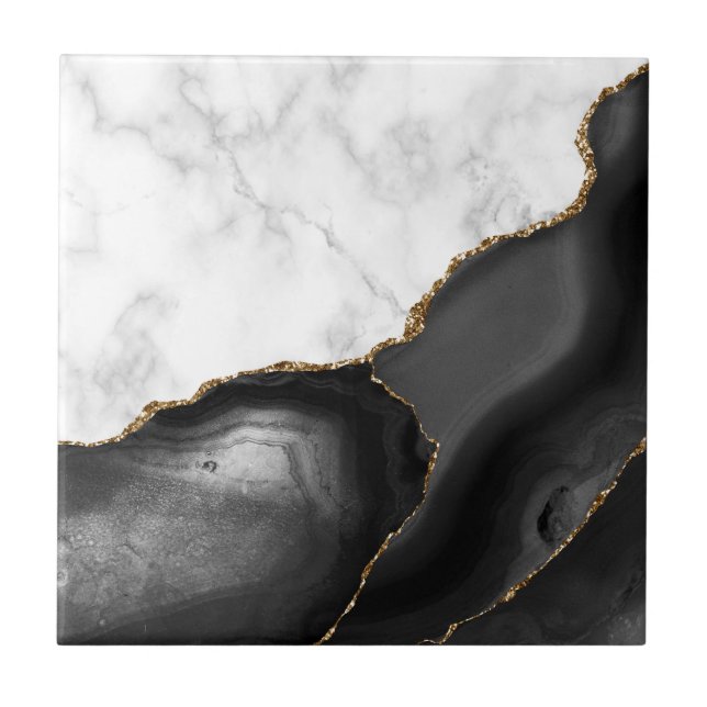 Black Agate Gold Glitter White Marble Tile (Front)