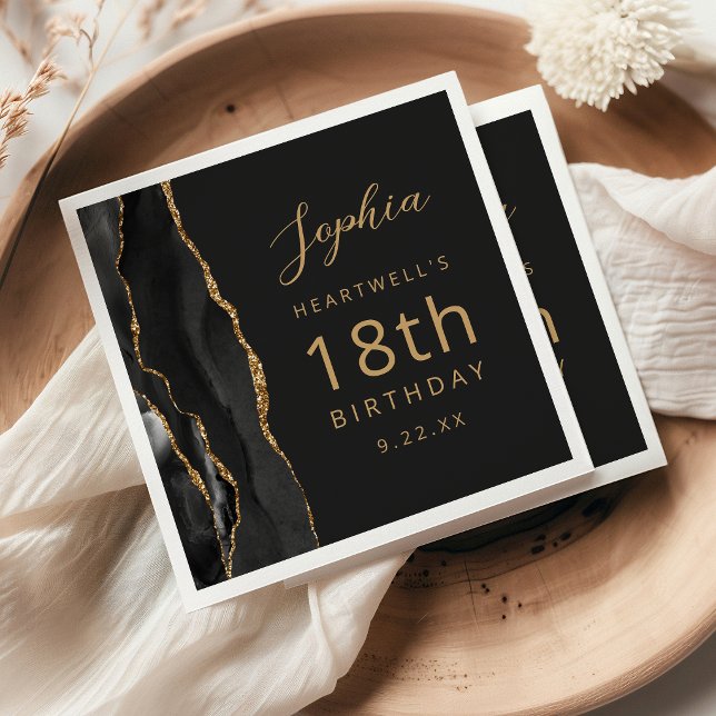 Black Agate Gold Script Dark 18th Birthday Napkin (Creator Uploaded)