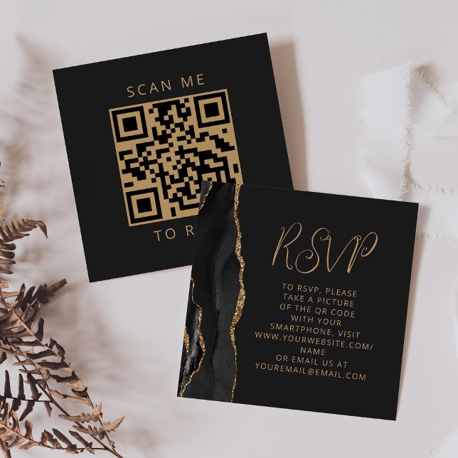 Black Agate Gold Script Wedding QR Code RSVP Enclosure Card (Creator Uploaded)