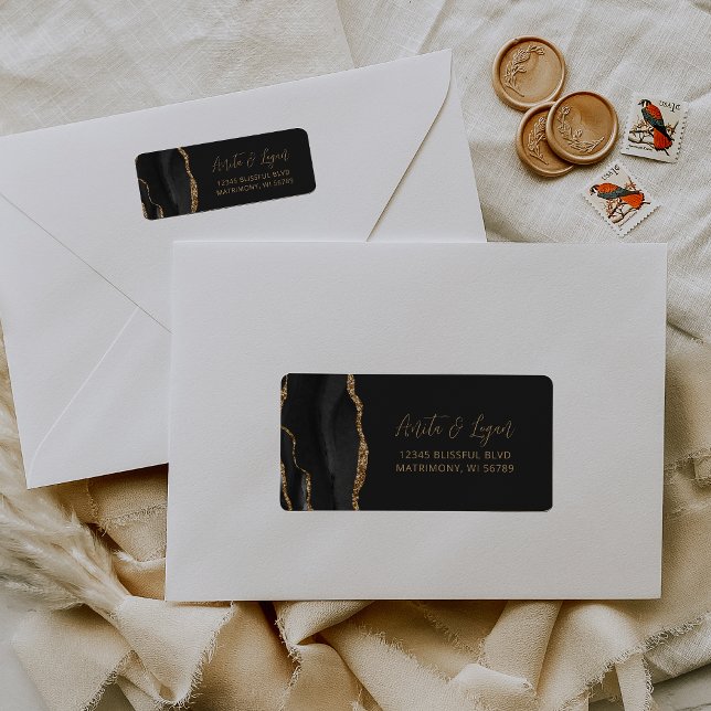 Black Agate Gold Script Wedding Return Address (Creator Uploaded)