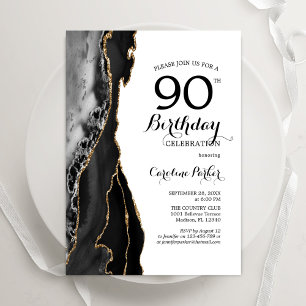Black Agate Gold White 90th Birthday Invitation