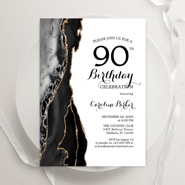 Black Agate Gold White 90th Birthday Invitation (Creator Uploaded)