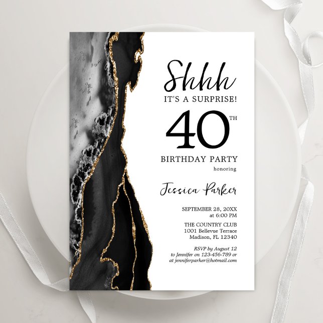 Black Agate Gold White Surprise 40th Birthday Invitation (Creator Uploaded)