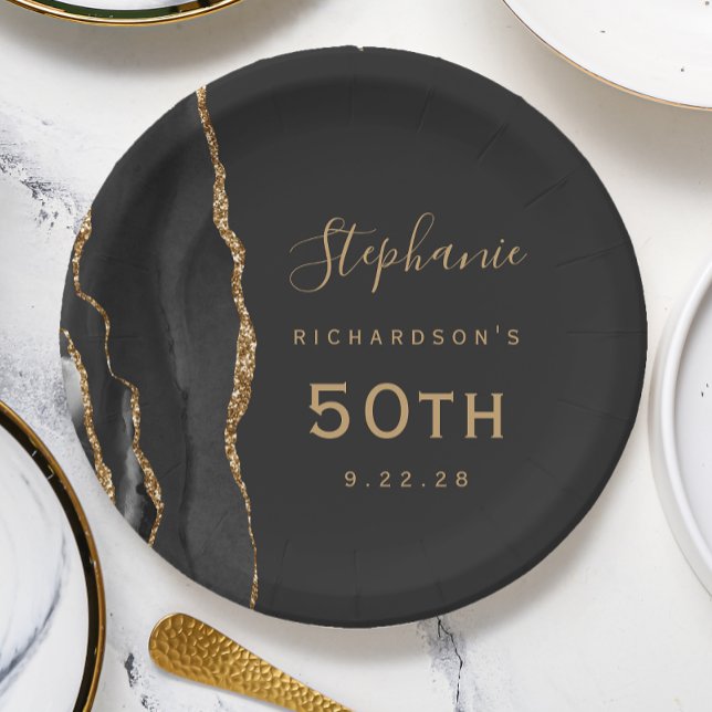 Black Agate Marble Gold Dark 50th Birthday Paper Plate (Creator Uploaded)