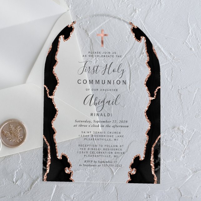 Black Agate Rose Gold Arch First Holy Communion Acrylic Invitations (Creator Uploaded)