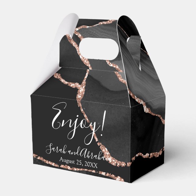 Black Agate Rose Gold Glitter Wedding Favour Boxes (Front Side)