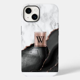 Black Agate Rose Gold White Marble Monogram iPhone 14 Case