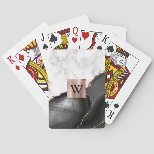 Black Agate Rose Gold White Marble Monogram Playing Cards (Back)