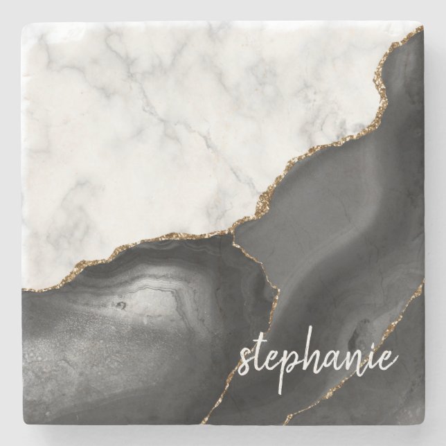 Black Agate Signature White Marble Gold Glitter Stone Coaster (Front)
