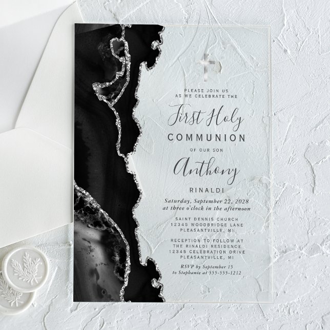 Black Agate Silver First Holy Communion Acrylic Invitations (Creator Uploaded)