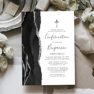Black Agate Silver Glitter Confirmation Invitation