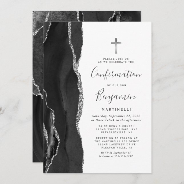 Black Agate Silver Glitter Confirmation Invitation (Front/Back)