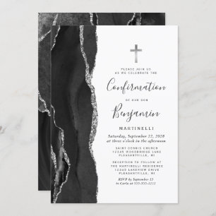 Black Agate Silver Glitter Confirmation Invitation