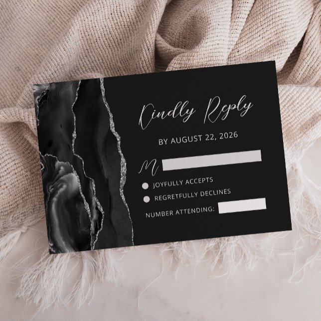 Black Agate Silver Glitter Script Wedding RSVP Card (Creator Uploaded)