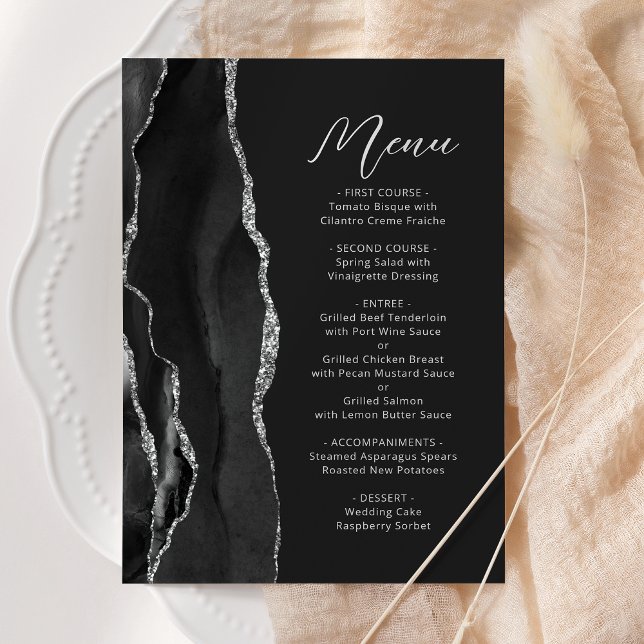 Black Agate Silver Modern Script Dark Wedding Menu (Creator Uploaded)