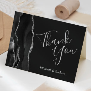 Black Agate Silver Wedding Thank You Card