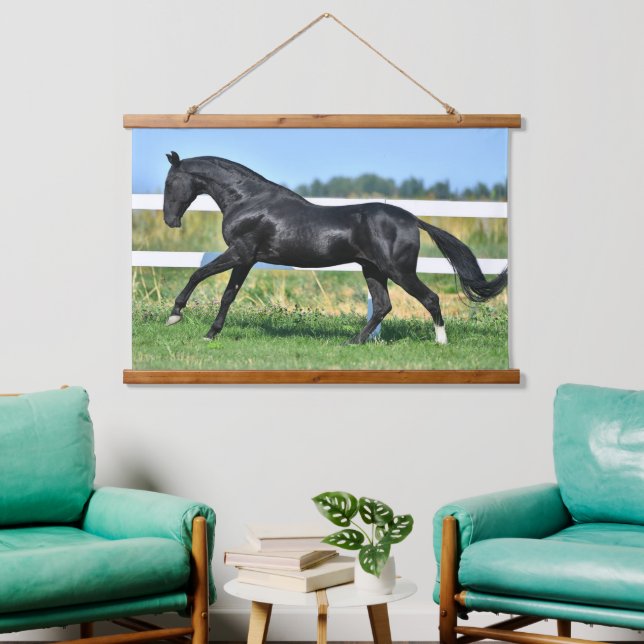 Black Akhal Teke Stallion Galloping Paddock Fence Hanging Tapestry (Living Room)