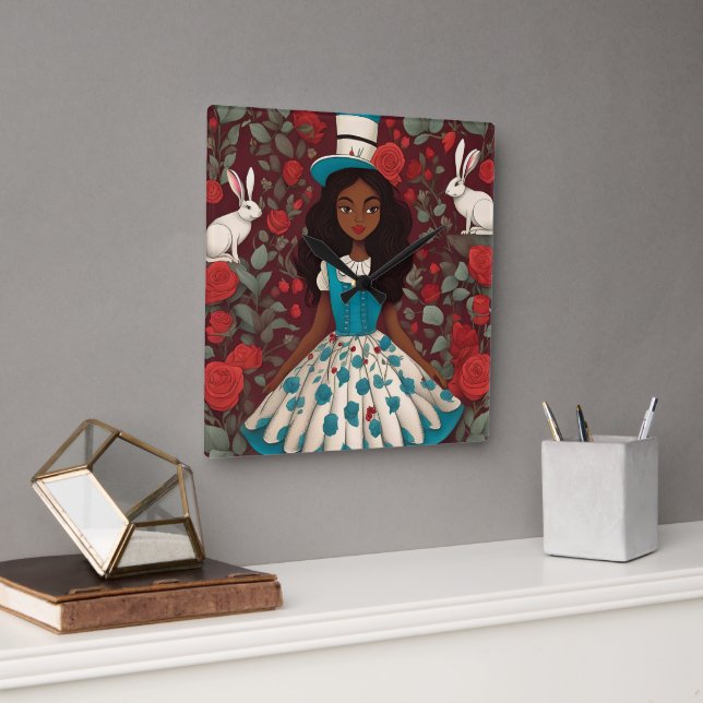 Black Alice in Wonderland Square Wall Clock (Office)
