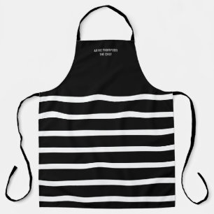 black all-over print apron with stripes