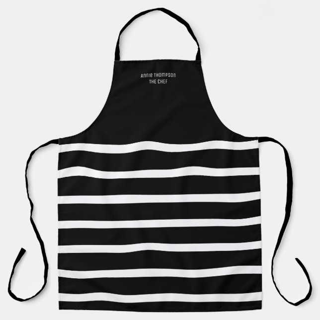 black all-over print apron with stripes (Front)