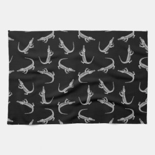 Black Alligators Print Pattern Animal Art Design Tea Towel