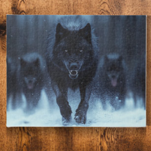 Black Alpha Wolf Running in the Snow Jigsaw Puzzle
