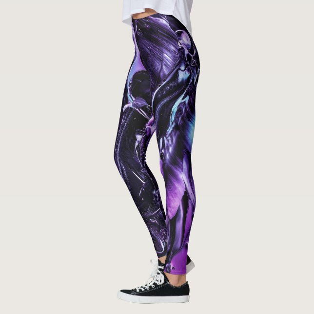 Black Amethyst Splash, Dark Purple Abstract Leggings (Left)