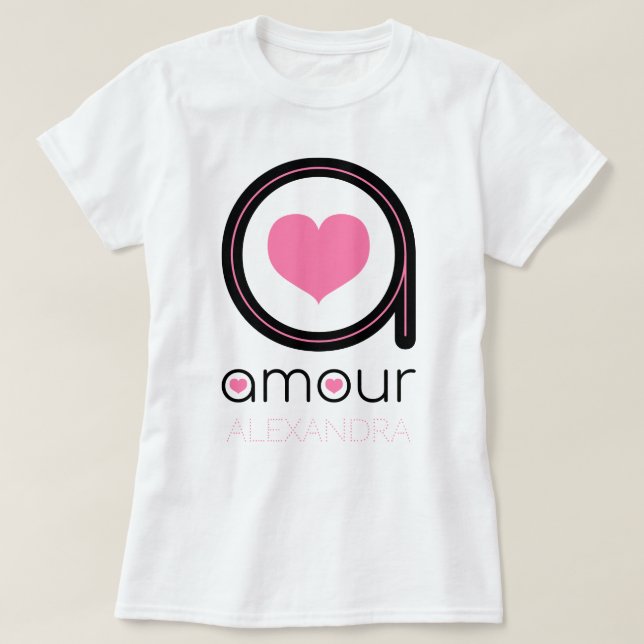 Black Amour Love, Pink Heart, Name Customised T-Shirt (Design Front)