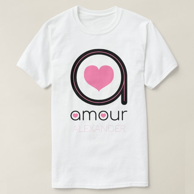 Black Amour Love, Pink Heart, Name Personalised T-Shirt (Design Front)