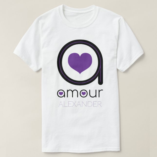 Black Amour Love, Purple Heart, Name Personalised T-Shirt (Design Front)