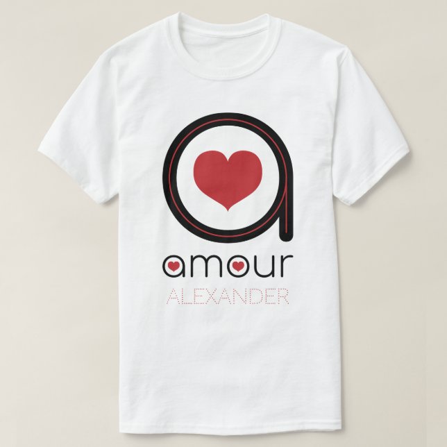 Black Amour Love, Red Heart, Name Personalised T-Shirt (Design Front)