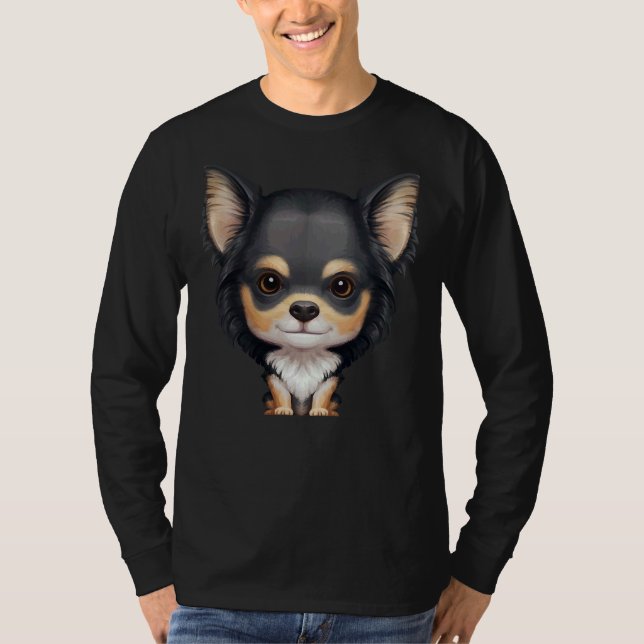 Black &amp Tan Long Haired Chihuahua T-Shirt (Front)