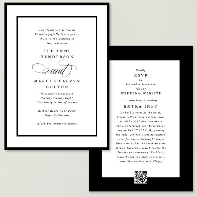 Black Ampersand all in one RSVP DETAILS Wedding Invitation (Creator Uploaded)