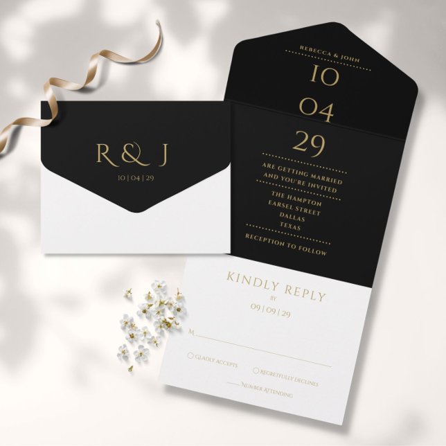 Black An Gold Monogram Minimalist Wedding Date All In One Invitation (Creator Uploaded)