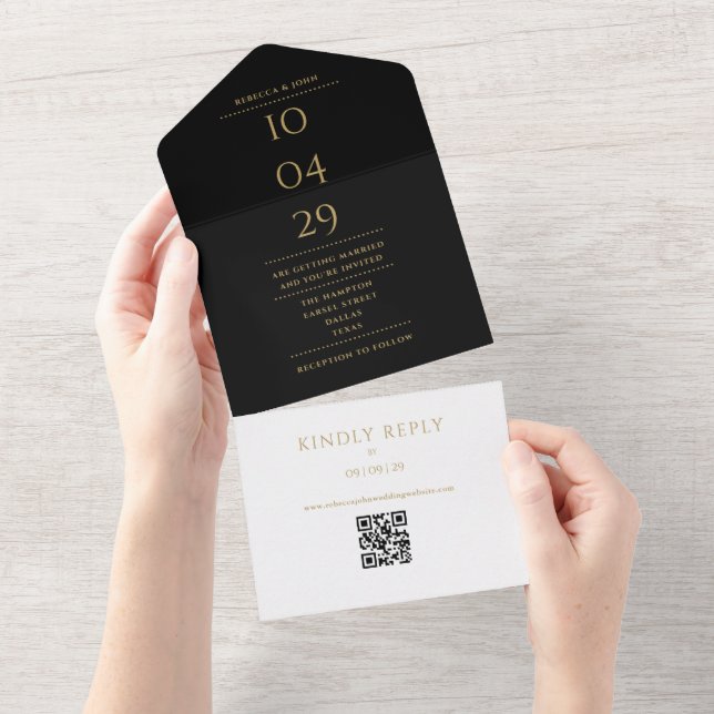 Black An Gold Monogram QR Code Wedding Date All In One Invitation (Tearaway)