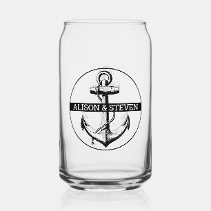 Black anchor and names nautical wedding  can glass