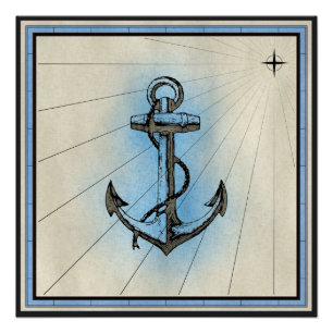 Black Anchor Marine Print with Blue Frame