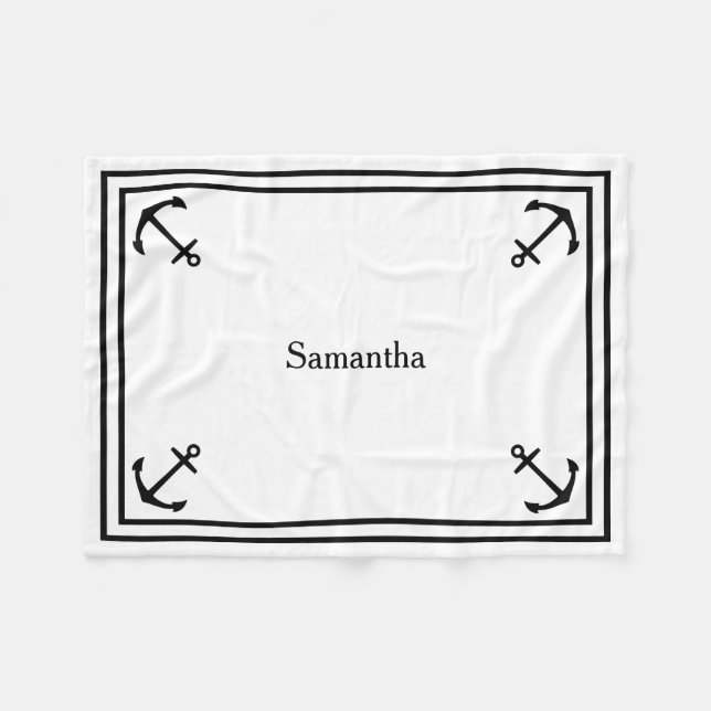 Black Anchors on White Personalised Fleece Blanket (Front (Horizontal))