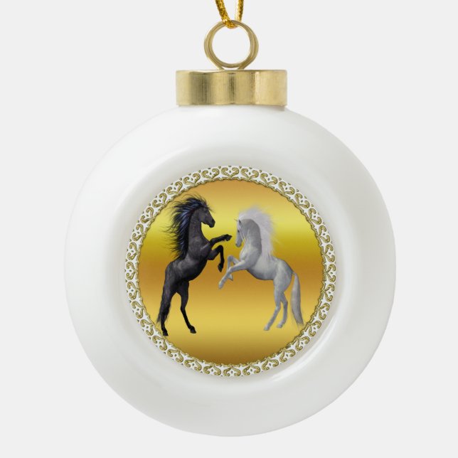 Black and a white Horse that are fighting Ceramic Ball Christmas Ornament (Front)