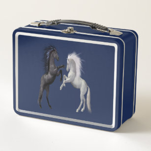Black and a white Horse that are fighting Metal Lunch Box