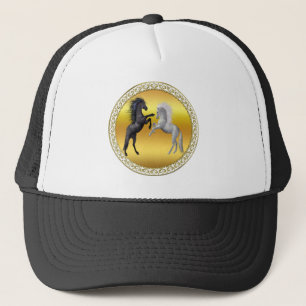 Black and a white Horse that are fighting Trucker Hat