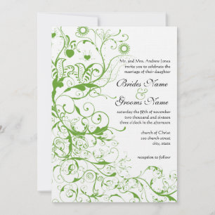 Black and Apple Green Bird Swirl Wedding Invite